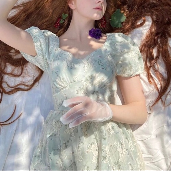 Dress Floral lace combo puff sleeve elegant womens green ruffle - Picture 4 of 13